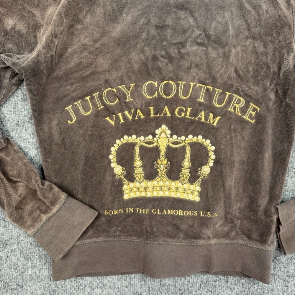 Juicy Couture Black Label‎ Hoodie Womens Small Brown Velour Full Zip Crown Glam